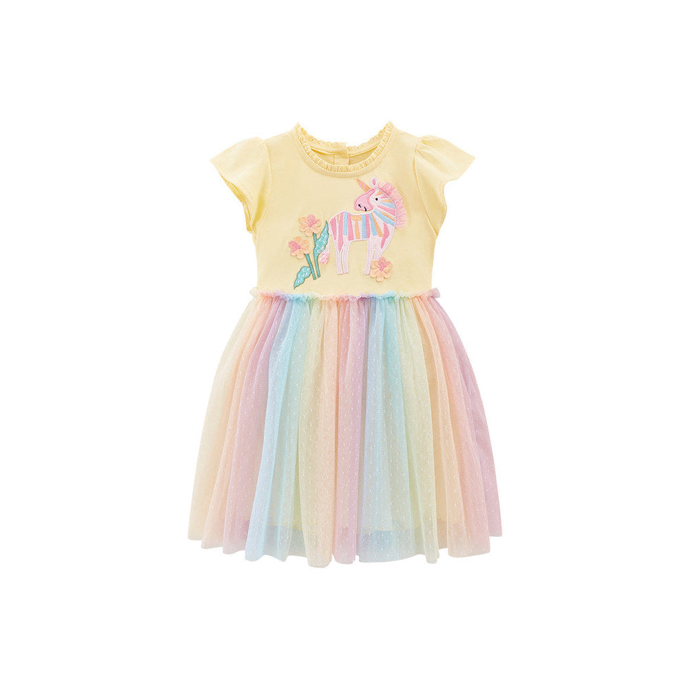 MyKids-USA® Baby Girls Short Sleeves Floral Unicorn Cartoon Chiffon Dress