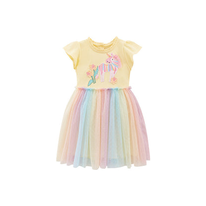 MyKids-USA® Baby Girls Short Sleeves Floral Unicorn Cartoon Chiffon Dress