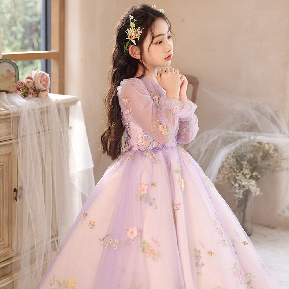 MyKids-USA Princess Purple Birthday Dress For Girls: Luxurious Long-Sleeved Piano Performance Attire, Perfect For Celebrations 120 (5-7Y) / Purple