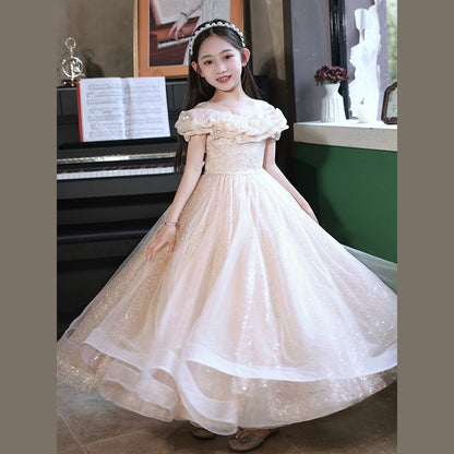 MyKids-USA® Champagne Tulle Hostess One-Shoulder Evening Gown For Girls: Perfect Attire For Piano Performances