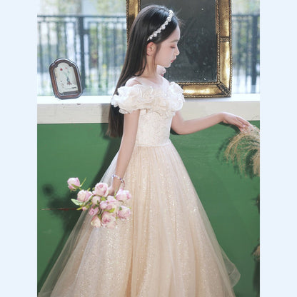 MyKids-USA® Champagne Tulle Hostess One-Shoulder Evening Gown For Girls: Perfect Attire For Piano Performances