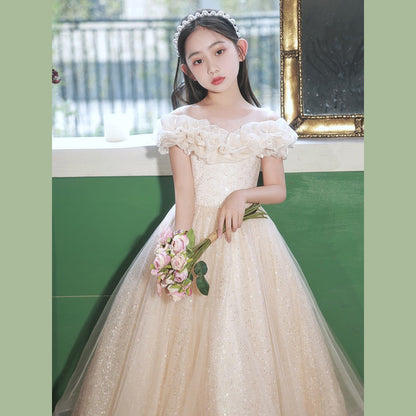 MyKids-USA® Champagne Tulle Hostess One-Shoulder Evening Gown For Girls: Perfect Attire For Piano Performances