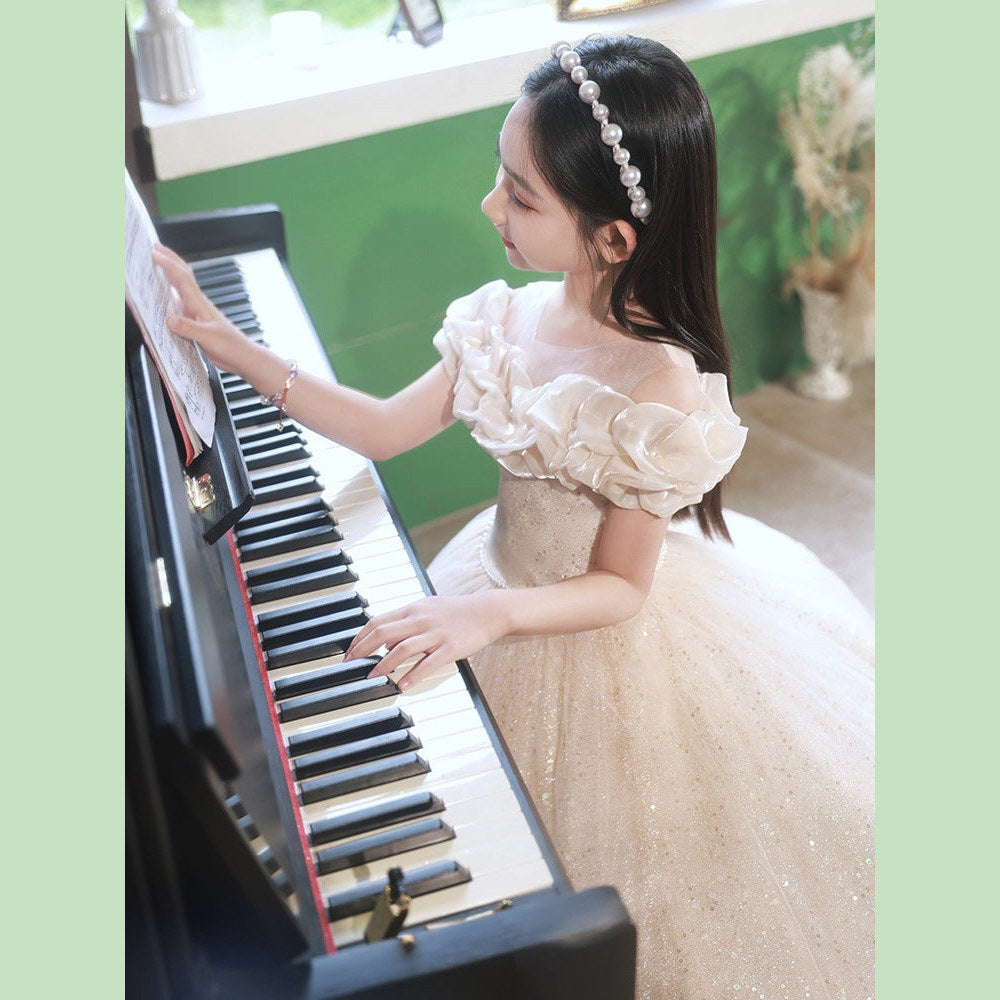 MyKids-USA® Champagne Tulle Hostess One-Shoulder Evening Gown For Girls: Perfect Attire For Piano Performances