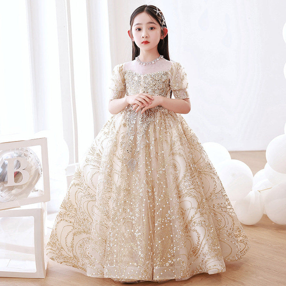 MyKids-USA® Champagne Tulle Hostess Evening Gown For Girls: Perfect Attire For Piano Performances