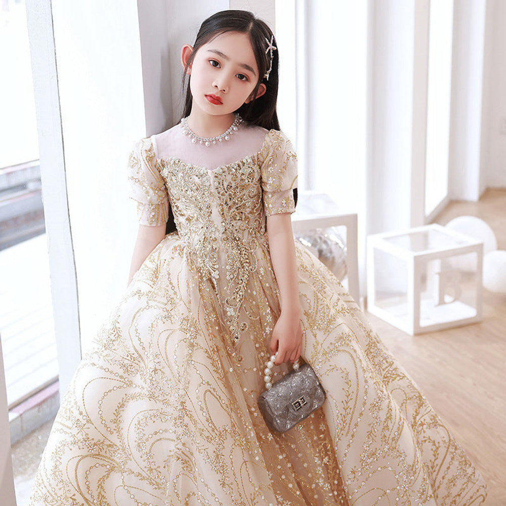 MyKids-USA® Champagne Tulle Hostess Evening Gown For Girls: Perfect Attire For Piano Performances