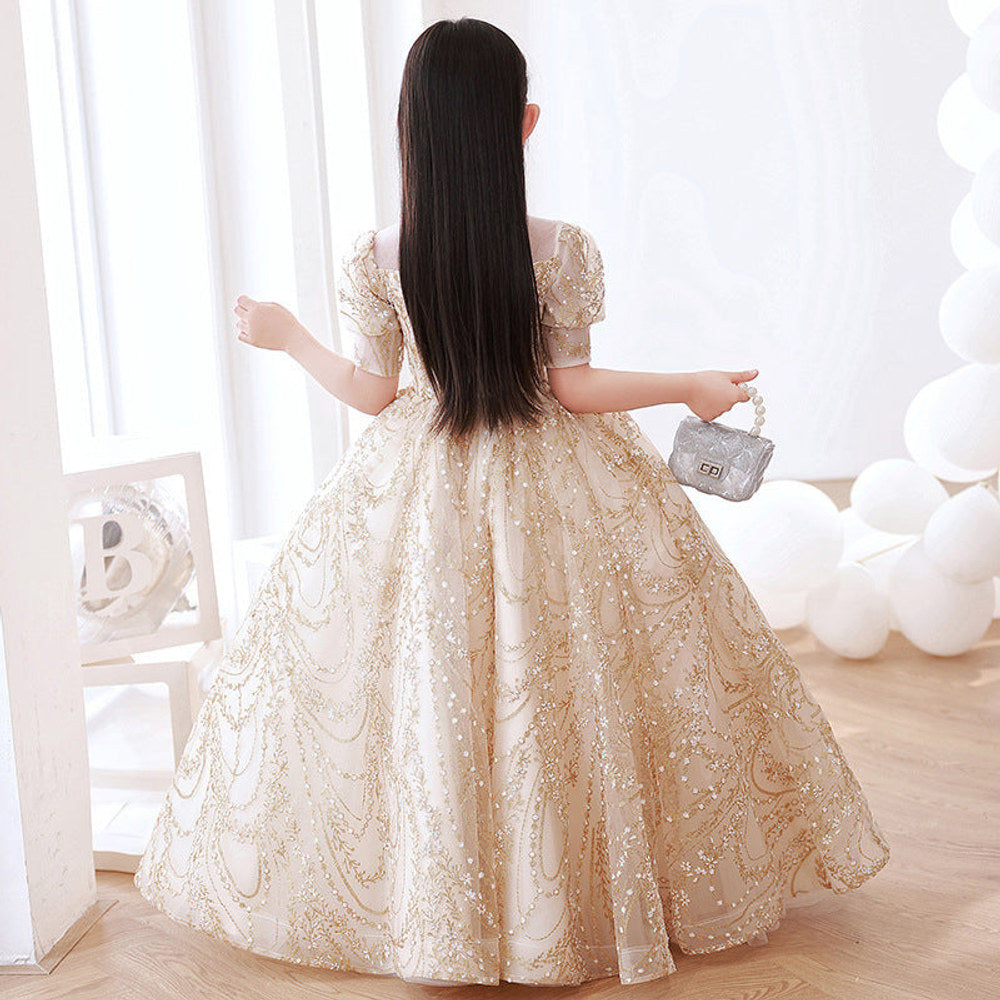 MyKids-USA® Champagne Tulle Hostess Evening Gown For Girls: Perfect Attire For Piano Performances
