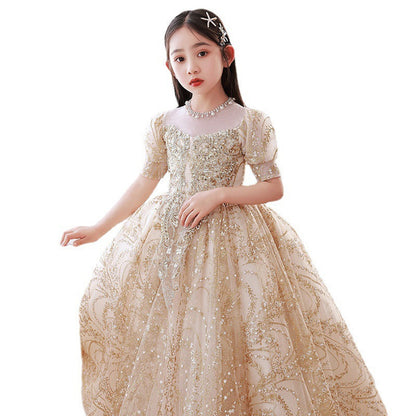 MyKids-USA® Champagne Tulle Hostess Evening Gown For Girls: Perfect Attire For Piano Performances