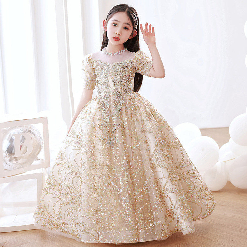 MyKids-USA® Champagne Tulle Hostess Evening Gown For Girls: Perfect Attire For Piano Performances
