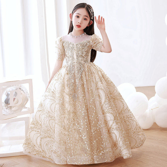 MyKids-USA® Champagne Tulle Hostess Evening Gown For Girls: Perfect Attire For Piano Performances