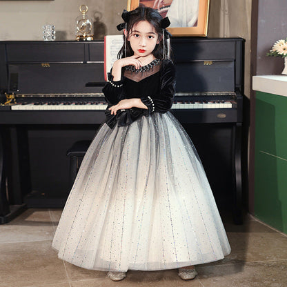 MyKids-USA® Princess Black Bow Birthday Dress For Girls: Luxurious Long-Sleeved Piano Performance Attire, Perfect For Celebrations