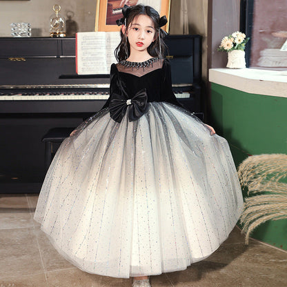 MyKids-USA® Princess Black Bow Birthday Dress For Girls: Luxurious Long-Sleeved Piano Performance Attire, Perfect For Celebrations