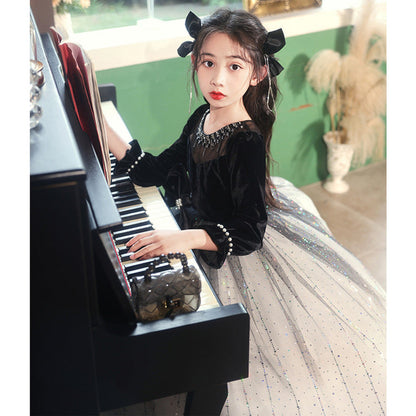 MyKids-USA® Princess Black Bow Birthday Dress For Girls: Luxurious Long-Sleeved Piano Performance Attire, Perfect For Celebrations