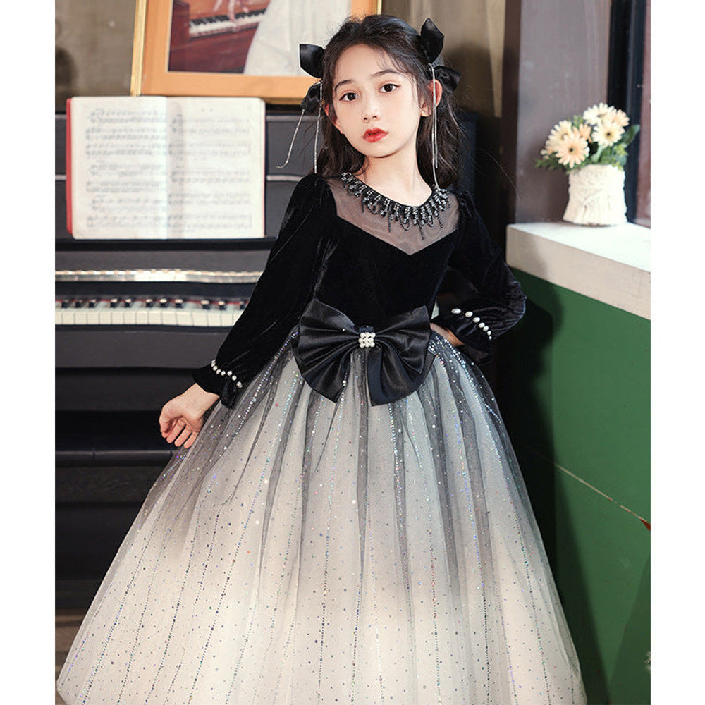 MyKids-USA® Princess Black Bow Birthday Dress For Girls: Luxurious Long-Sleeved Piano Performance Attire, Perfect For Celebrations