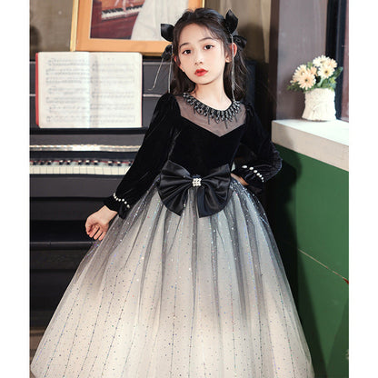 MyKids-USA® Princess Black Bow Birthday Dress For Girls: Luxurious Long-Sleeved Piano Performance Attire, Perfect For Celebrations