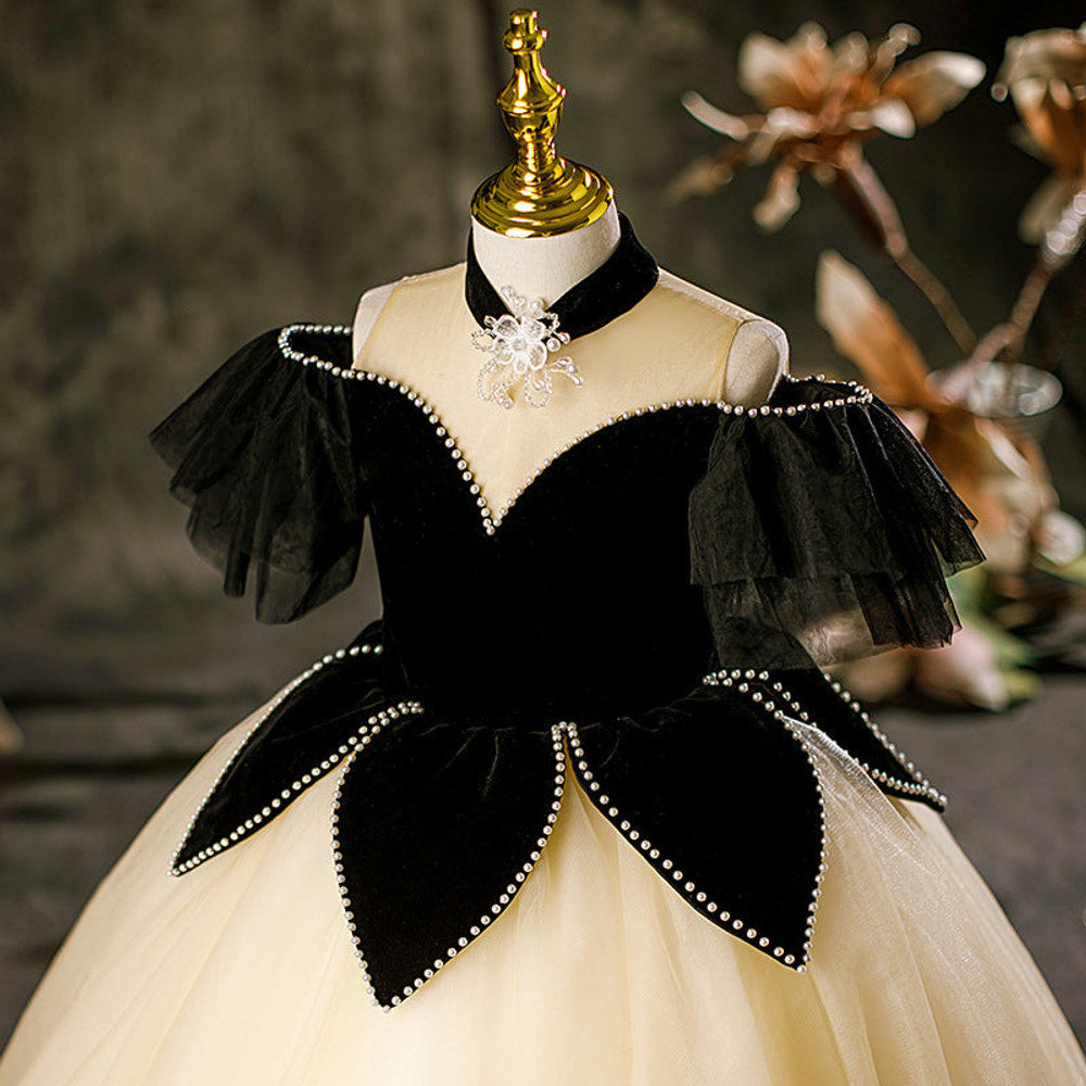MyKids-USA® Princess Black Hostess Dress For Girls: Luxurious One-Shoulder Piano Performance Attire