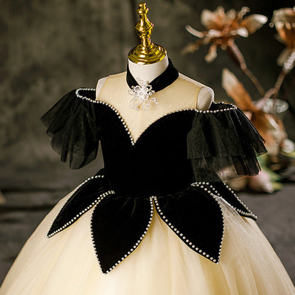 MyKids-USA® Princess Black Hostess Dress For Girls: Luxurious One-Shoulder Piano Performance Attire