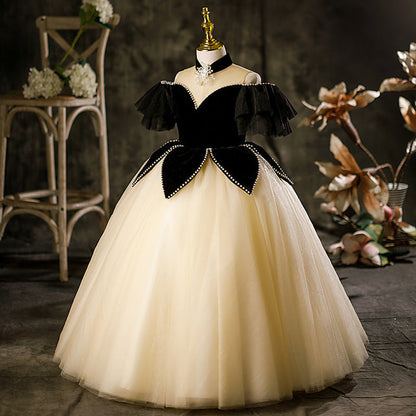 MyKids-USA® Princess Black Hostess Dress For Girls: Luxurious One-Shoulder Piano Performance Attire