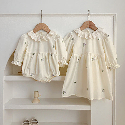 MyKids-USA® Floral Adorable Baby Doll Collar bodysuit And Girls’ Dress – Princess Sister Matching Set