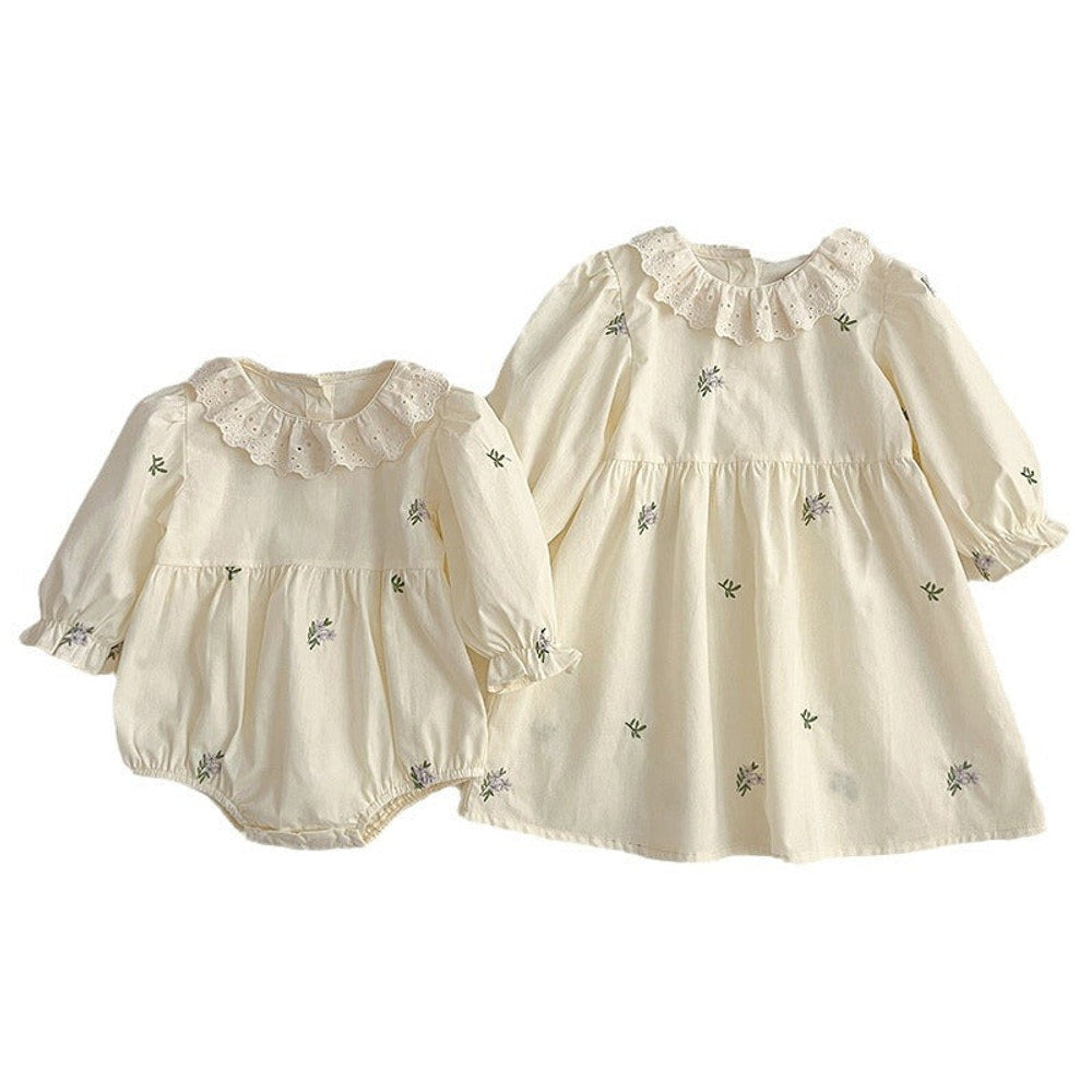 MyKids-USA® Floral Adorable Baby Doll Collar bodysuit And Girls’ Dress – Princess Sister Matching Set