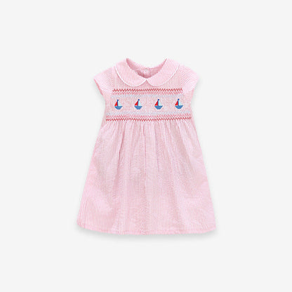 MyKids-USA® Summer Baby Girls Sleeveless Sailboat Pattern Striped Dress