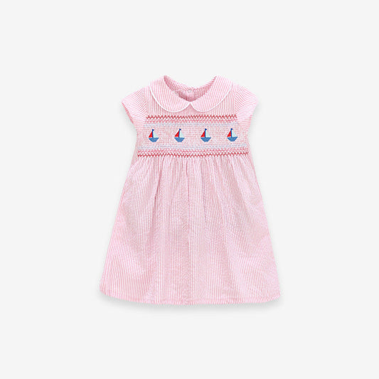 MyKids-USA® Summer Baby Girls Sleeveless Sailboat Pattern Striped Dress