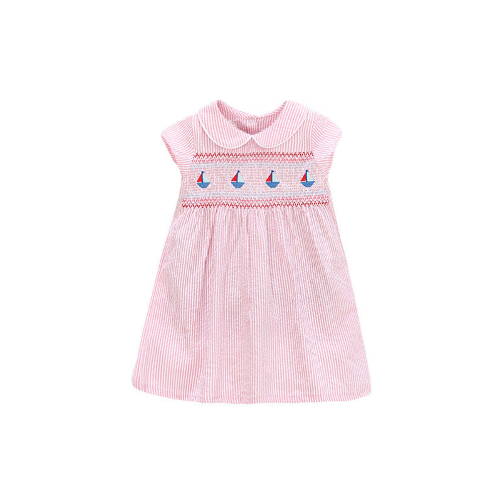 MyKids-USA® Summer Baby Girls Sleeveless Sailboat Pattern Striped Dress
