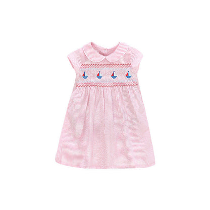 MyKids-USA® Summer Baby Girls Sleeveless Sailboat Pattern Striped Dress