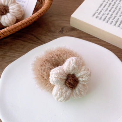 MyKids-USA® Adorable Handcrafted Knitted Hair Accessories For Children And Teens: Beige Floral Hair Clip And Plush Hairband
