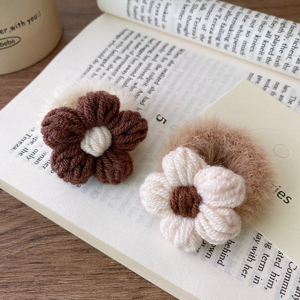 MyKids-USA® Adorable Handcrafted Knitted Hair Accessories For Children And Teens: Beige Floral Hair Clip And Plush Hairband