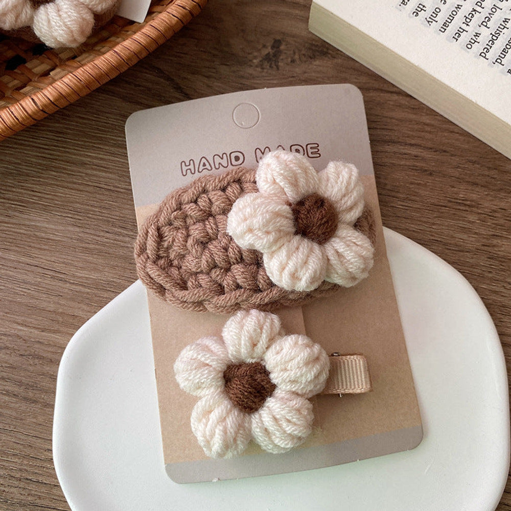MyKids-USA® Adorable Handcrafted Knitted Hair Accessories For Children And Teens: Beige Floral Hair Clip And Plush Hairband
