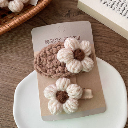 MyKids-USA® Adorable Handcrafted Knitted Hair Accessories For Children And Teens: Beige Floral Hair Clip And Plush Hairband