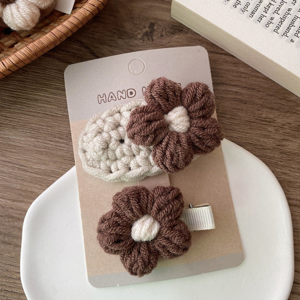 MyKids-USA® Adorable Handcrafted Knitted Hair Accessories For Children And Teens: Beige Floral Hair Clip And Plush Hairband
