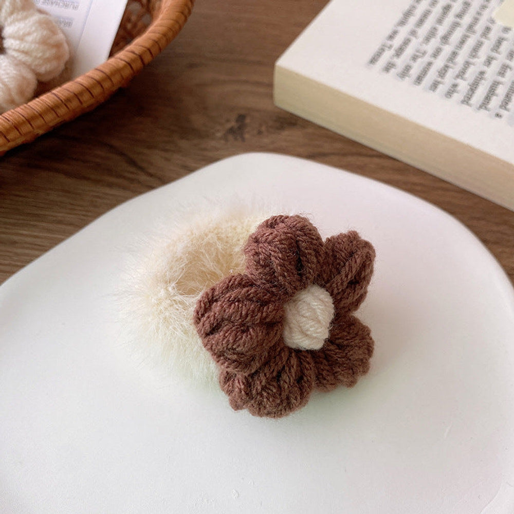 MyKids-USA® Adorable Handcrafted Knitted Hair Accessories For Children And Teens: Beige Floral Hair Clip And Plush Hairband