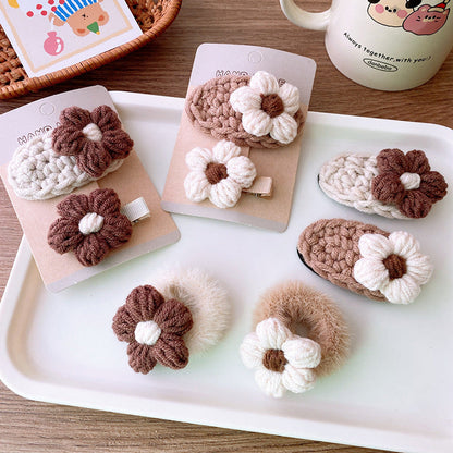 MyKids-USA® Adorable Handcrafted Knitted Hair Accessories For Children And Teens: Beige Floral Hair Clip And Plush Hairband