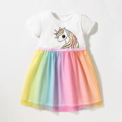 MyKids-USA® Baby Girls Short Sleeves Unicorn Printing Tulle Dress