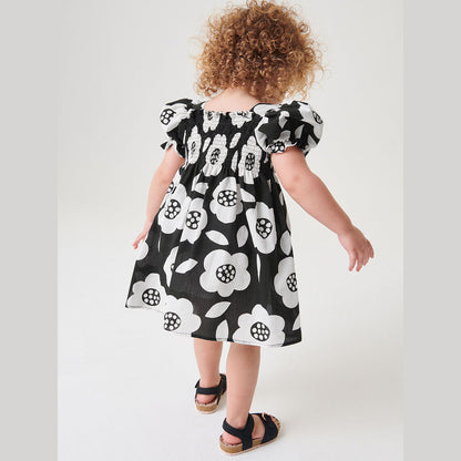 MyKids-USA® Baby Girls Square Neck Short Sleeves Black Floral Dress