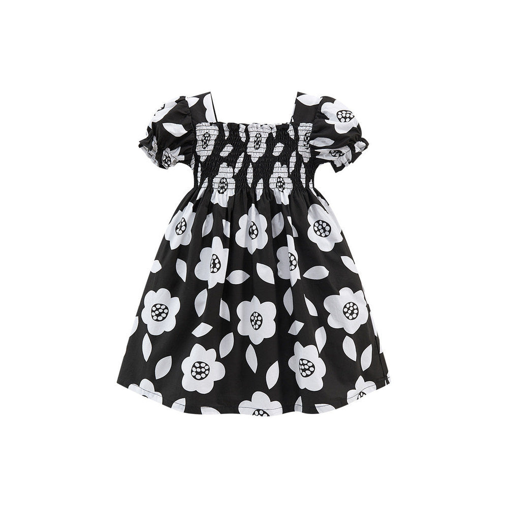 MyKids-USA® Baby Girls Square Neck Short Sleeves Black Floral Dress