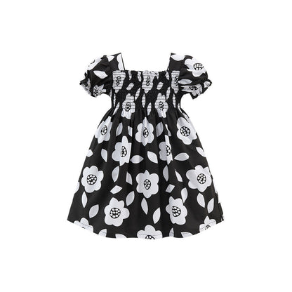 MyKids-USA® Baby Girls Square Neck Short Sleeves Black Floral Dress