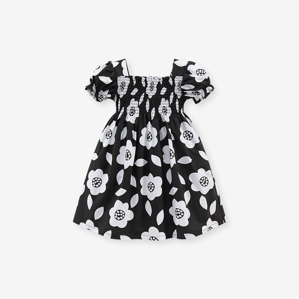 MyKids-USA® Baby Girls Square Neck Short Sleeves Black Floral Dress