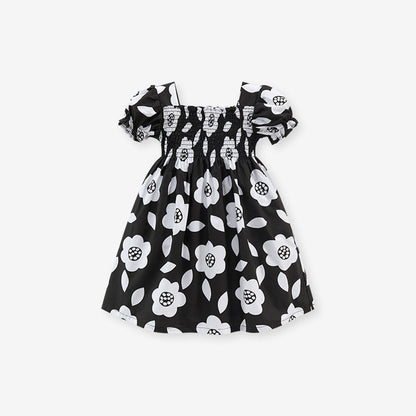 MyKids-USA® Baby Girls Square Neck Short Sleeves Black Floral Dress