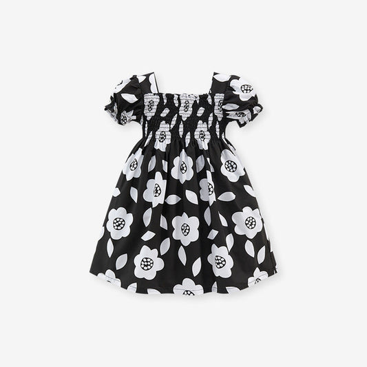 MyKids-USA® Baby Girls Square Neck Short Sleeves Black Floral Dress