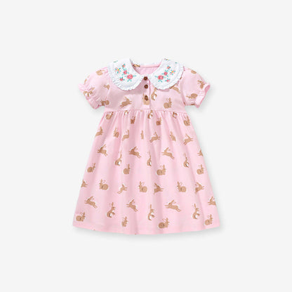 MyKids-USA® Baby Girls Peter Pan Floral Collar Short Sleeves Rabbits Pattern Dress