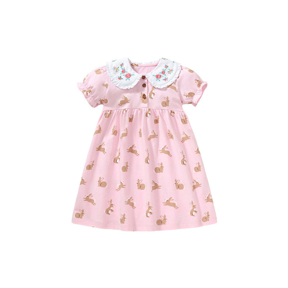 MyKids-USA® Baby Girls Peter Pan Floral Collar Short Sleeves Rabbits Pattern Dress