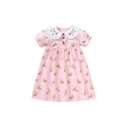 MyKids-USA® Baby Girls Peter Pan Floral Collar Short Sleeves Rabbits Pattern Dress