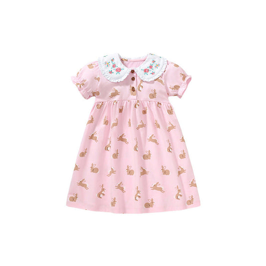 MyKids-USA® Baby Girls Peter Pan Floral Collar Short Sleeves Rabbits Pattern Dress