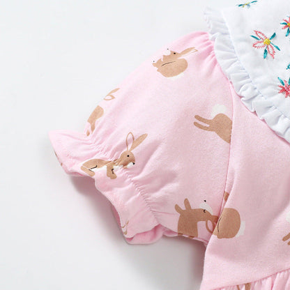 MyKids-USA® Baby Girls Peter Pan Floral Collar Short Sleeves Rabbits Pattern Dress