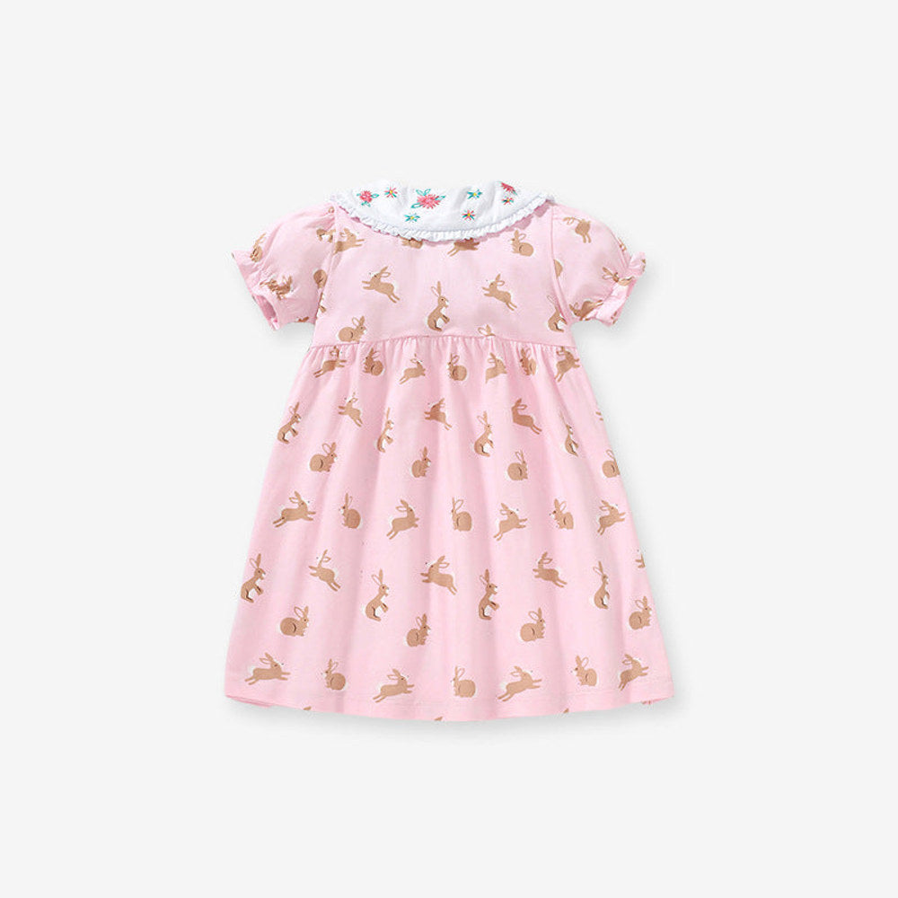 MyKids-USA® Baby Girls Peter Pan Floral Collar Short Sleeves Rabbits Pattern Dress
