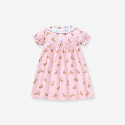 MyKids-USA® Baby Girls Peter Pan Floral Collar Short Sleeves Rabbits Pattern Dress