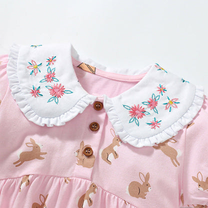 MyKids-USA® Baby Girls Peter Pan Floral Collar Short Sleeves Rabbits Pattern Dress