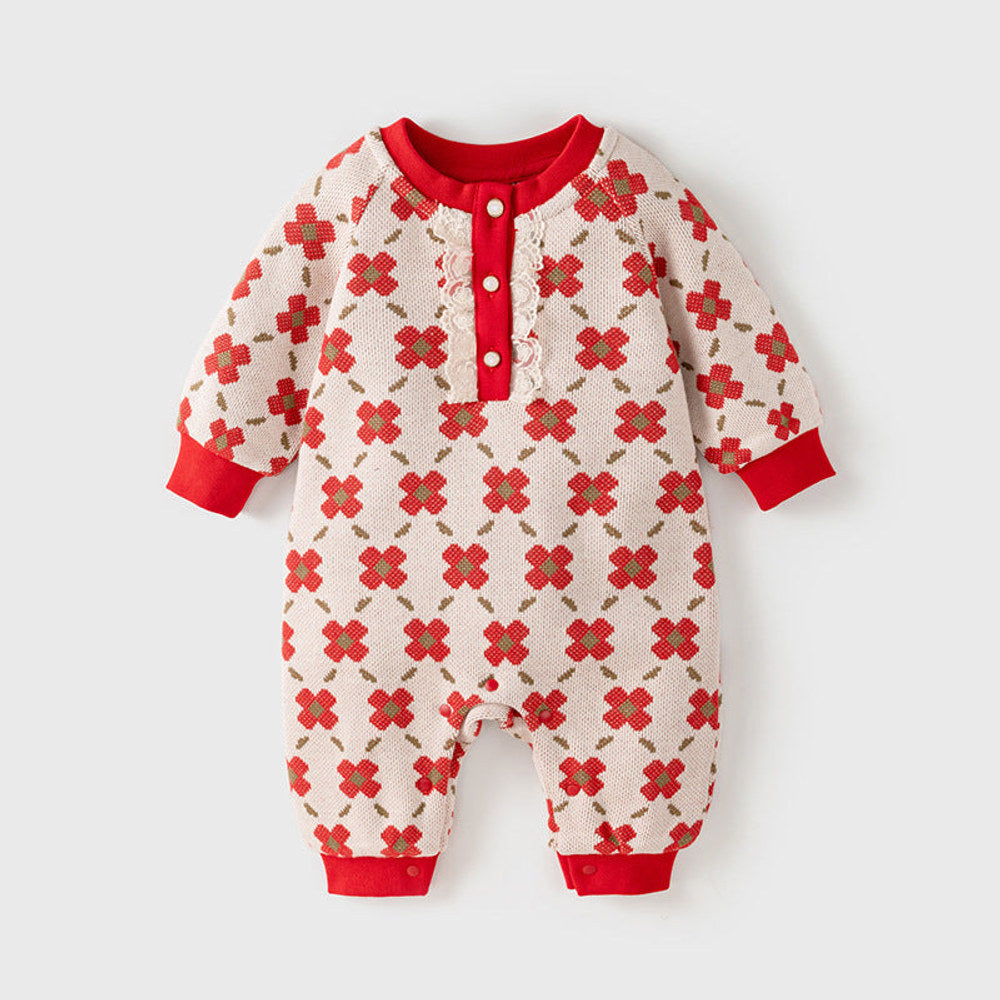 MyKids-USA® Baby Girl Red Floral Knitted Home Clothes Crew Neck Romper